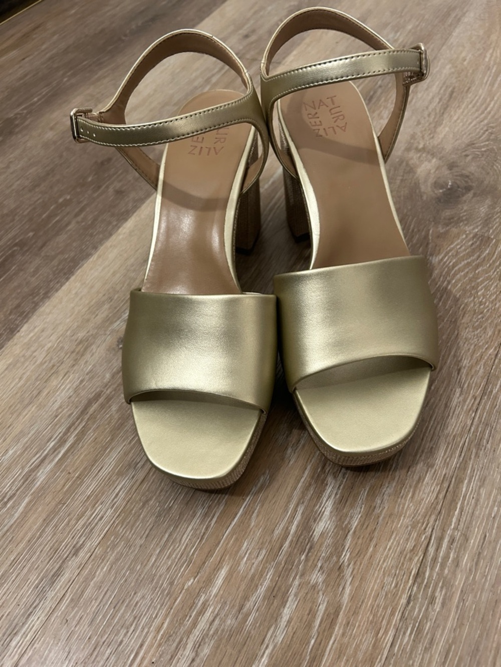 Naturalizer Metallic Gold Ankle Strap Block Heels